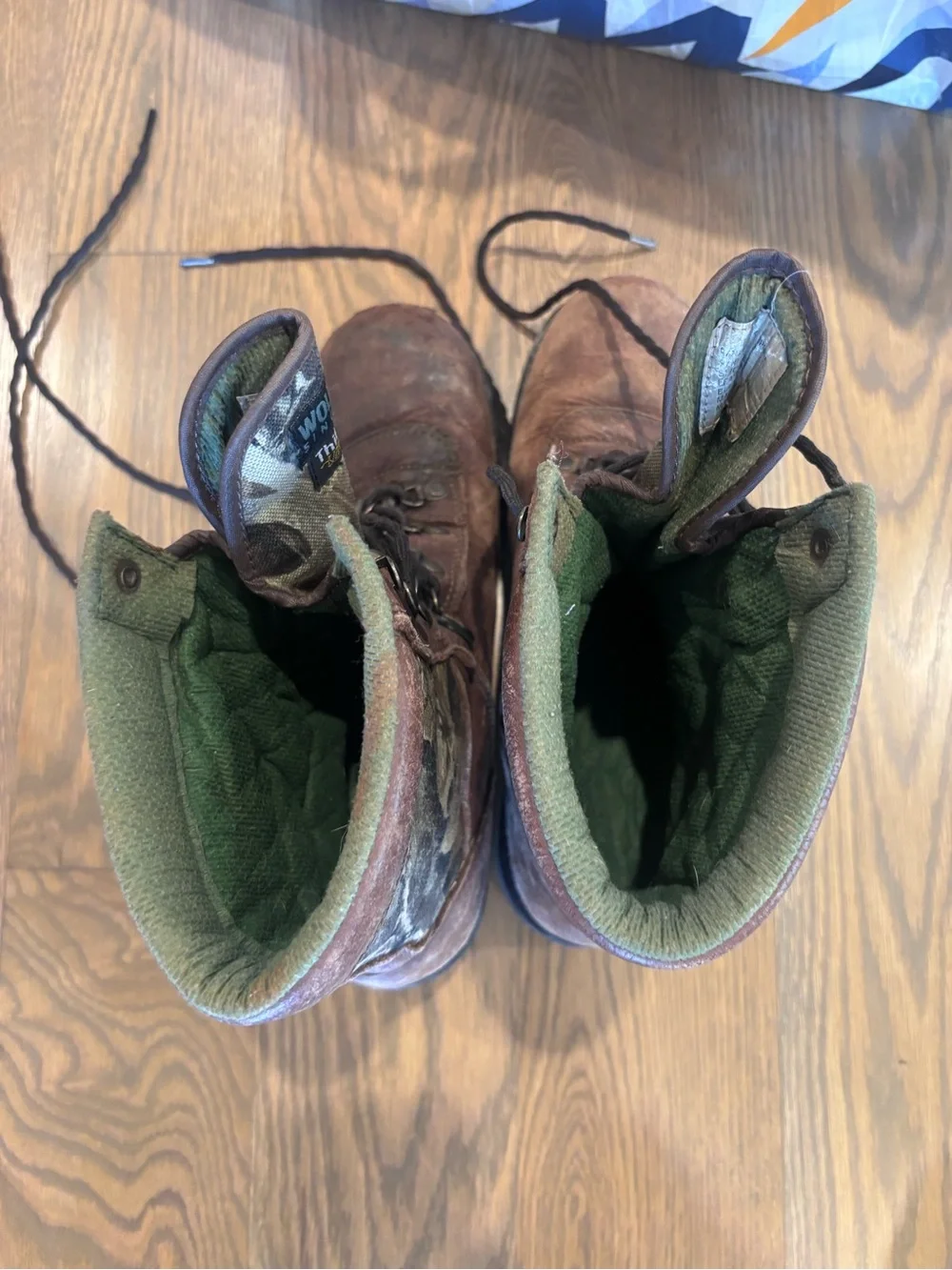 Wolverine size 12 Brown Leather Hunting Boots with Camo Collar